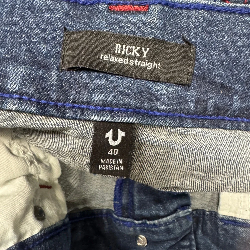 True Religion Jeans Mens 40 (40x34 ACTUAL) Ricky Flap Straight Blue Denim